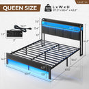 Rolanstar Bed Frame with Charging Station and LED Lights, Upholstered Headboard with Storage Shelves, Dark Grey