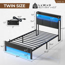 Rolanstar Bed Frame with Charging Station and LED Lights, Upholstered Headboard with Storage Shelves, Dark Grey