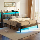 Rolanstar Bed Frame with Charging Station and LED Lights, Upholstered Headboard with Storage Shelves, Dark Grey