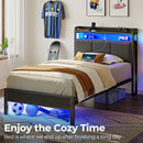 Rolanstar Bed Frame with Charging Station and LED Lights, Upholstered Headboard with Storage Shelves, Dark Grey