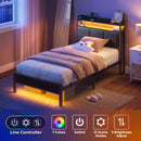 Rolanstar Bed Frame with Charging Station and LED Lights, Upholstered Headboard with Storage Shelves, Dark Grey