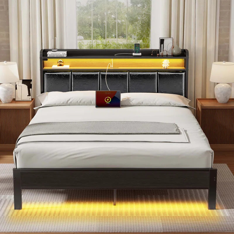 Bed with Bookcase Storage Headboard, Upholstered Bed with Power Outlets & RGB LED Lights
