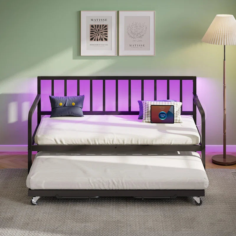Daybed with Trundle, Twin Day Bed with Charging station and RGB LED Lights