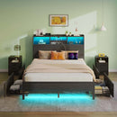RR Bed Frame with Bookcase Headboard and 4 Storage Drawers, Metal Platform Bed with RGB LED Lights