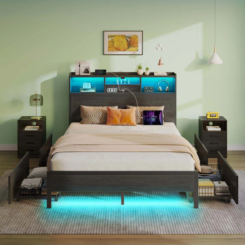 RR Bed Frame with Bookcase Headboard and 4 Storage Drawers, Metal Plat