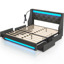Rolanstar Bed Frame with LED Lights and Charging Station, Upholstered Bed with Drawers, Wooden Slats, Noise Free, Easy Assembly