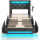 Rolanstar Bed Frame with LED Lights and Charging Station, Upholstered Bed with Drawers, Wooden Slats, Noise Free, Easy Assembly