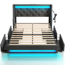 Rolanstar Bed Frame with LED Lights and Charging Station, Upholstered Bed with Drawers, Wooden Slats, Noise Free, Easy Assembly