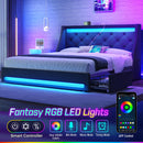 Rolanstar Bed Frame with LED Lights and Charging Station, Upholstered Bed with Drawers, Wooden Slats, Noise Free, Easy Assembly
