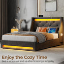 Rolanstar Bed Frame with LED Lights and Charging Station, Upholstered Bed with Drawers, Wooden Slats, Noise Free, Easy Assembly