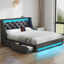 Upholstered Wingback Storage Bed with Built-in Outlets & 4 Drawers, Bed Frame with RGB LED Lights