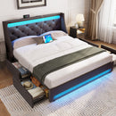 Rolanstar Bed Frame with LED Lights and Charging Station, Upholstered Bed with Drawers, Wooden Slats, Noise Free, Easy Assembly