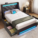 Rolanstar Bed Frame with LED Lights and Charging Station, Upholstered Bed with Drawers, Wooden Slats, Noise Free, Easy Assembly