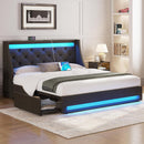 Rolanstar Bed Frame with LED Lights and Charging Station, Upholstered Bed with Drawers, Wooden Slats, Noise Free, Easy Assembly