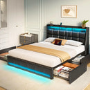 RR Bed Frame with Wingback Headboard, Upholstered Bed with LED Lights & 4 Storage Drawers