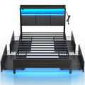 Rolanstar Bed Frame with Charging Station and LED Lights, Upholstered Storage Headboard with Drawers, Heavy Duty Metal Slats, No Box Spring Needed, Noise Free, Easy Assembly
