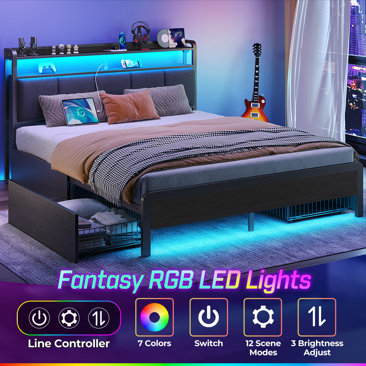 roiページ Rolanstar Bed Frame Queen Size with Charging Station, LED