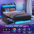 Rolanstar Bed Frame with Charging Station and LED Lights, Upholstered Storage Headboard with Drawers, Heavy Duty Metal Slats, No Box Spring Needed, Noise Free, Easy Assembly