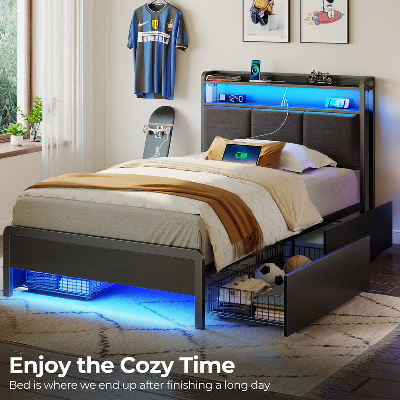 Rolanstar Bed Frame with Charging Station and LED Lights, Upholstered Storage Headboard with Drawers, Heavy Duty Metal Slats, No Box Spring Needed, Noise Free, Easy Assembly