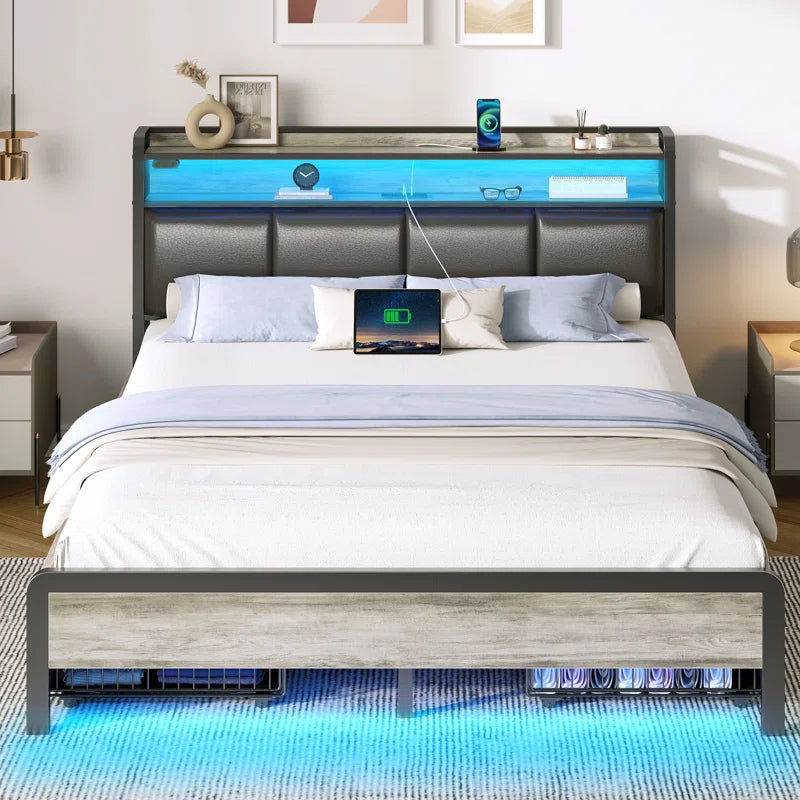 Bed with Headboard and Power Outlets, Upholstered bed with 4 Drawers and RGB LED Lights