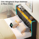 Storage Bed with USB Charging & LED Lights - Upholstered Wingback Design & Metal Frame Includes Headboard
