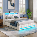 Upholstered Lift Up Storage Bed Frame with LED Lights and Charging Station, Platform Bed, No Box Spring Needed
