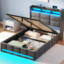 Rolanstar Bed Frame with Lift Up Storage, Charging Station & LED Lights, Upholstered Storage Headboard, Heavy Duty Wooden Slats, No Box Spring Needed, Noise Free, Easy Assembly
