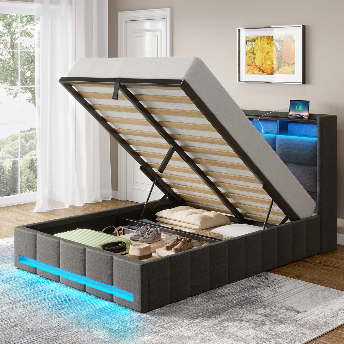 Rolanstar Bed Frame with Lift Up Storage, Charging Station & LED Light