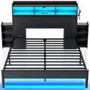 Rolanstar Bed Frame with Bookcase Storage Headboard, Slide Out Bedside Storage, Bed with Charging Station & LED Lights, Heavy Duty Metal Slats, No Box Spring Needed, Noise Free