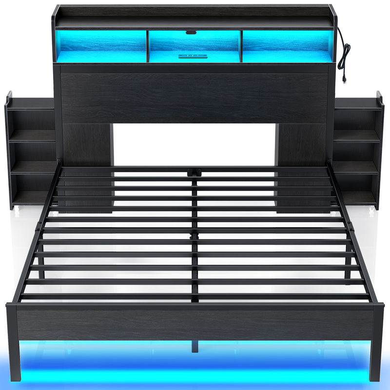 Rolanstar Bed Frame Full Size with Bookcase Storage Headboard, Slide Out Bedside Storage Table, Bed with Charging Station & LED Lights, Heavy Duty Metal Slats, No Box Spring Needed, Noise Free, Black