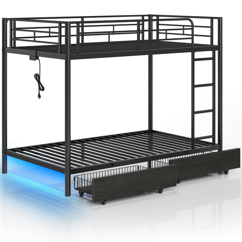 Rolanstar Metal Bunk Bed Twin Over Twin with USB Charging Station, LED Bunk Bed with 2 Storage Drawers, Bed with Safety Guardrail & Ladders, No Box Spring Needed, Easy Assembly, Black