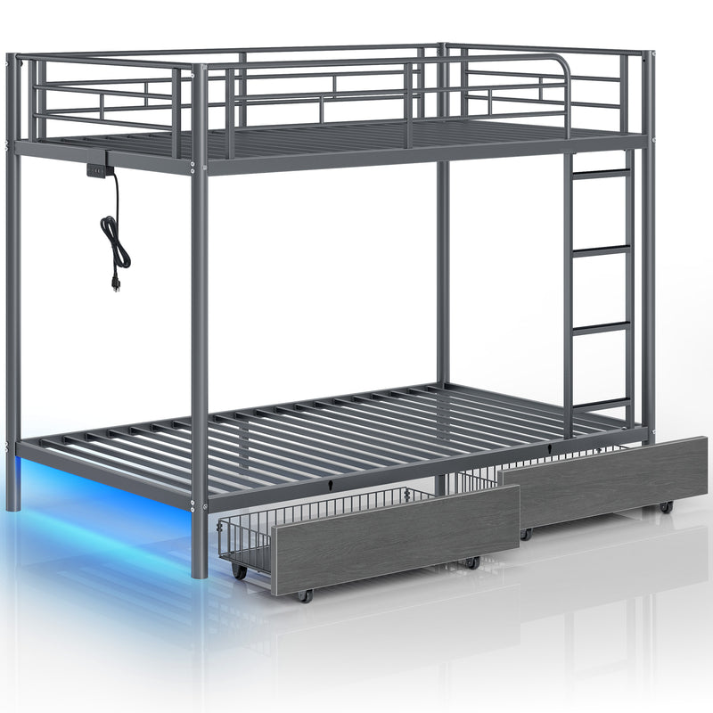 Rolanstar Metal Bunk Bed Twin Over Twin with USB Charging Station, LED Bunk Bed with 2 Storage Drawers, Bed with Safety Guardrail & Ladders, No Box Spring Needed, Easy Assembly, Black