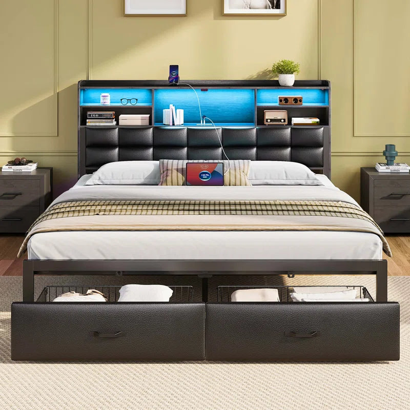 Bed Frame with Drawers and Headboard, Upholstered Storage Bed with Charging Station and LED Lights
