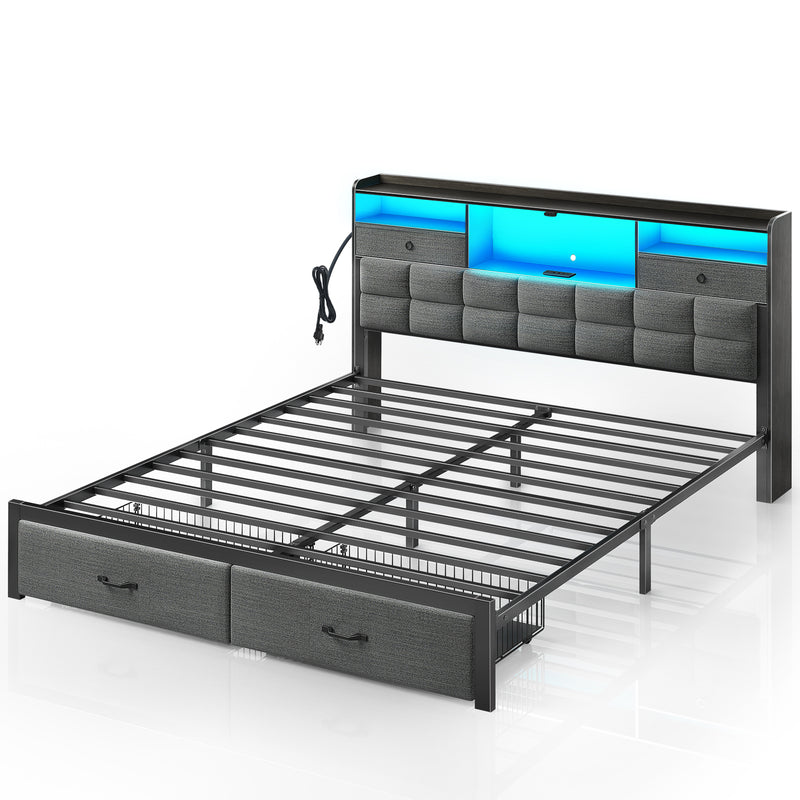 Rolanstar King Bed Frame with Drawers and Charging Station Grey