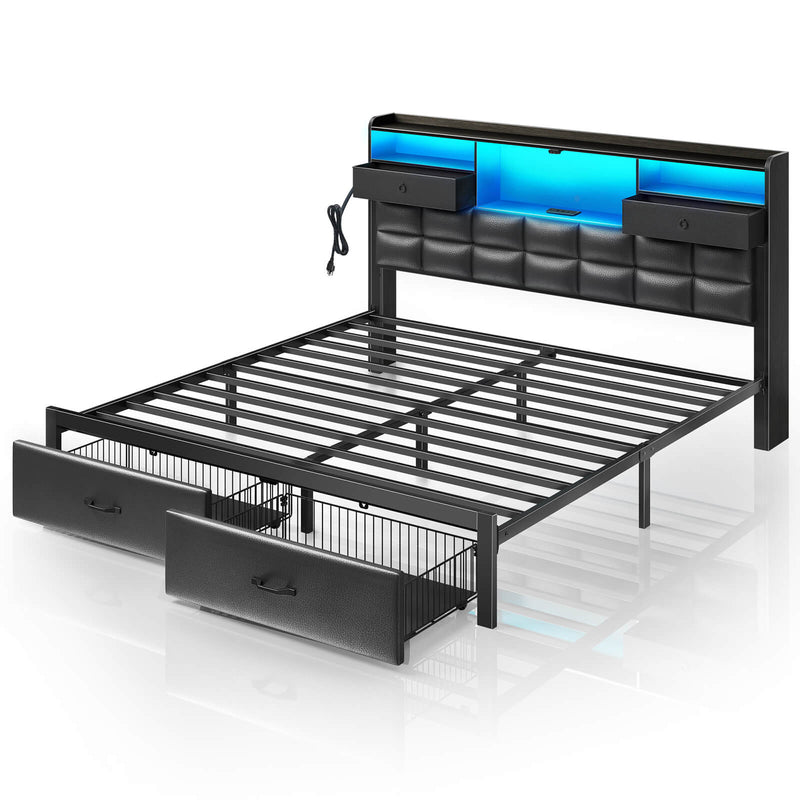 Rolanstar King Bed Frame with Drawers and Charging Station Black