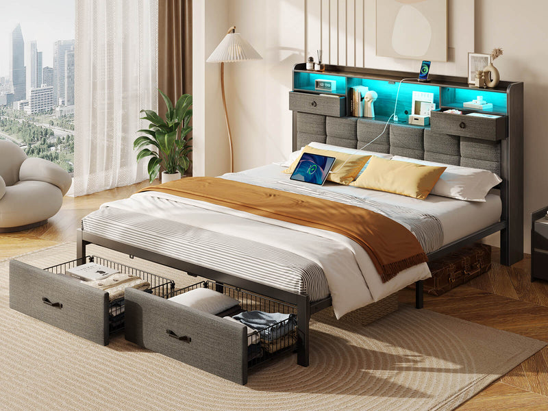 Rolanstar Bed Frame Full Size with Drawers and Charging Station, Upholstered Platform Bed Grey
