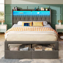 Rolanstar Bed Frame with Drawer, Storage Headboard with Charging Station and LED Lights, Upholstered Bed with Heavy Duty Wood Slats, No Box Spring Needed, Noise Free, Easy Assembly