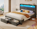 Rolanstar Bed Frame with Drawer, Storage Headboard with Charging Station and LED Lights, Upholstered Bed with Heavy Duty Wood Slats, No Box Spring Needed, Noise Free, Easy Assembly