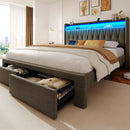 Rolanstar Bed Frame with Drawer, Storage Headboard with Charging Station and LED Lights, Upholstered Bed with Heavy Duty Wood Slats, No Box Spring Needed, Noise Free, Easy Assembly