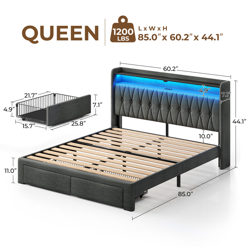 Rolanstar Bed Frame with Drawer, Storage Headboard with Charging Station and LED Lights, Upholstered Bed with Heavy Duty Wood Slats, No Box Spring Needed, Noise Free, Easy Assembly