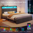 Rolanstar Bed Frame with Drawer, Storage Headboard with Charging Station and LED Lights, Upholstered Bed with Heavy Duty Wood Slats, No Box Spring Needed, Noise Free, Easy Assembly