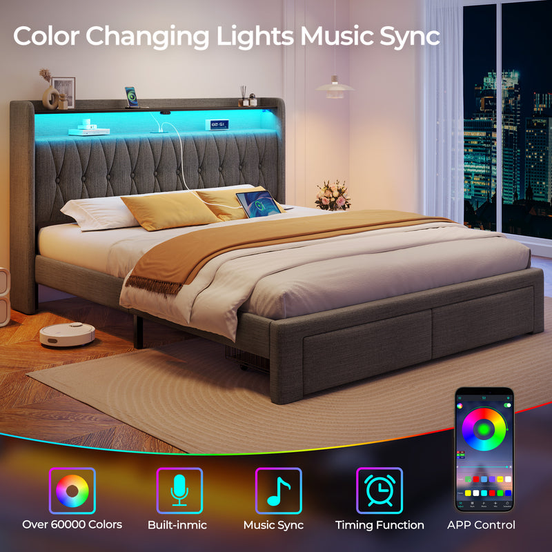 Rolanstar Bed Frame with Drawer, Storage Headboard with Charging Station and LED Lights, Upholstered Bed with Heavy Duty Wood Slats, No Box Spring Needed, Noise Free, Easy Assembly