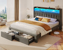 Rolanstar Bed Frame with Drawer, Storage Headboard with Charging Station and LED Lights, Upholstered Bed with Heavy Duty Wood Slats, No Box Spring Needed, Noise Free, Easy Assembly