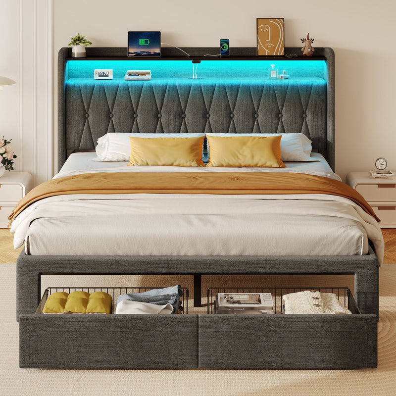 Rolanstar Bed Frame with Drawer, Storage Headboard with Charging Station and LED Lights, Upholstered Bed with Heavy Duty Wood Slats, No Box Spring Needed, Noise Free, Easy Assembly