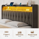 Rolanstar Bed Frame with Drawer, Storage Headboard with Charging Station and LED Lights, Upholstered Bed with Heavy Duty Wood Slats, No Box Spring Needed, Noise Free, Easy Assembly