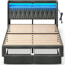 Rolanstar Bed Frame with Drawer, Storage Headboard with Charging Station and LED Lights, Upholstered Bed with Heavy Duty Wood Slats, No Box Spring Needed, Noise Free, Easy Assembly