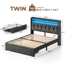 Rolanstar Bed Frame with Drawer, Storage Headboard with Charging Station and LED Lights, Upholstered Bed with Heavy Duty Wood Slats, No Box Spring Needed, Noise Free, Easy Assembly