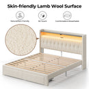 Rolanstar Bed Frame with Drawer, Storage Headboard with Charging Station and LED Lights, Upholstered Bed with Heavy Duty Wood Slats, No Box Spring Needed, Noise Free, Easy Assembly