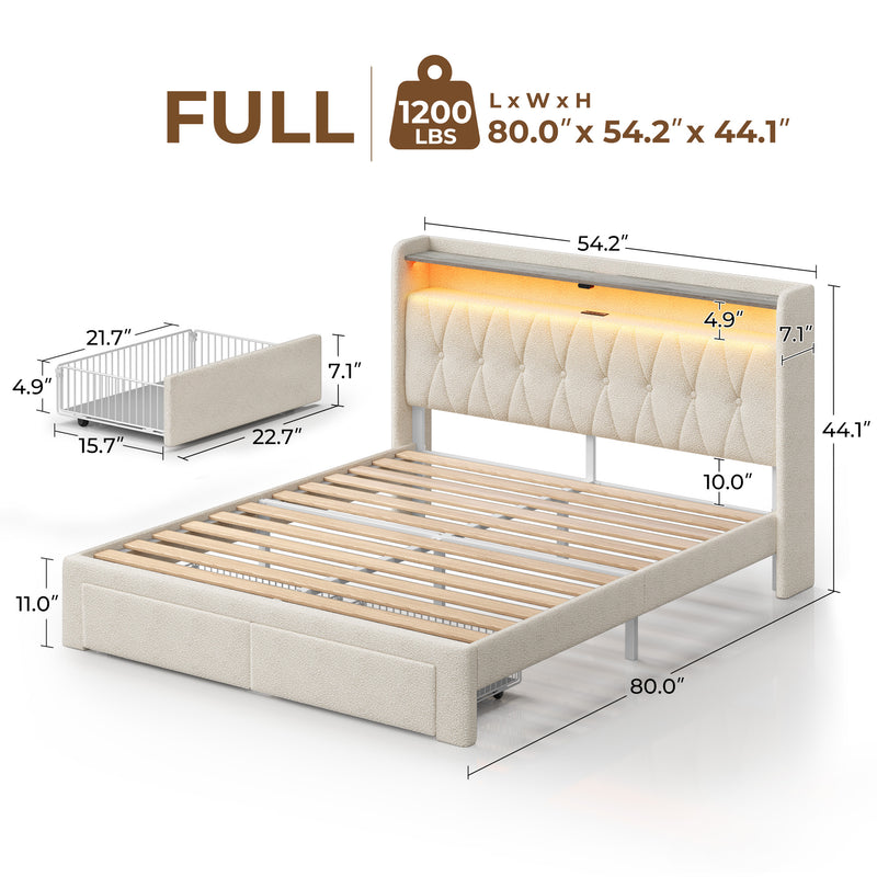 Rolanstar Bed Frame with Drawer, Storage Headboard with Charging Station and LED Lights, Upholstered Bed with Heavy Duty Wood Slats, No Box Spring Needed, Noise Free, Easy Assembly