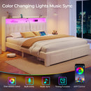 Rolanstar Bed Frame with Drawer, Storage Headboard with Charging Station and LED Lights, Upholstered Bed with Heavy Duty Wood Slats, No Box Spring Needed, Noise Free, Easy Assembly